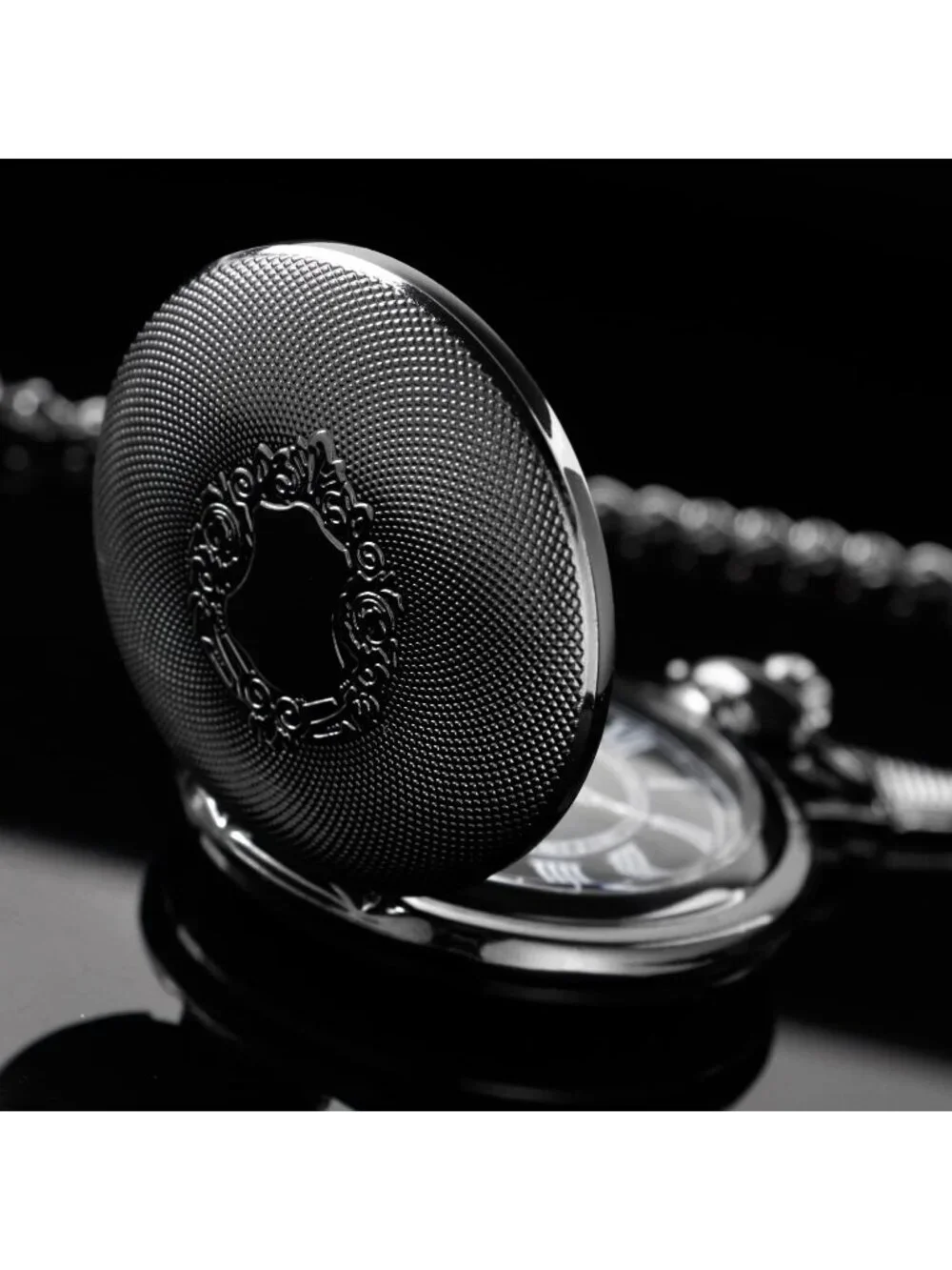 Men's All Black Analog Quartz Flower Arabic Numerals Movement Chain Pocket Watch